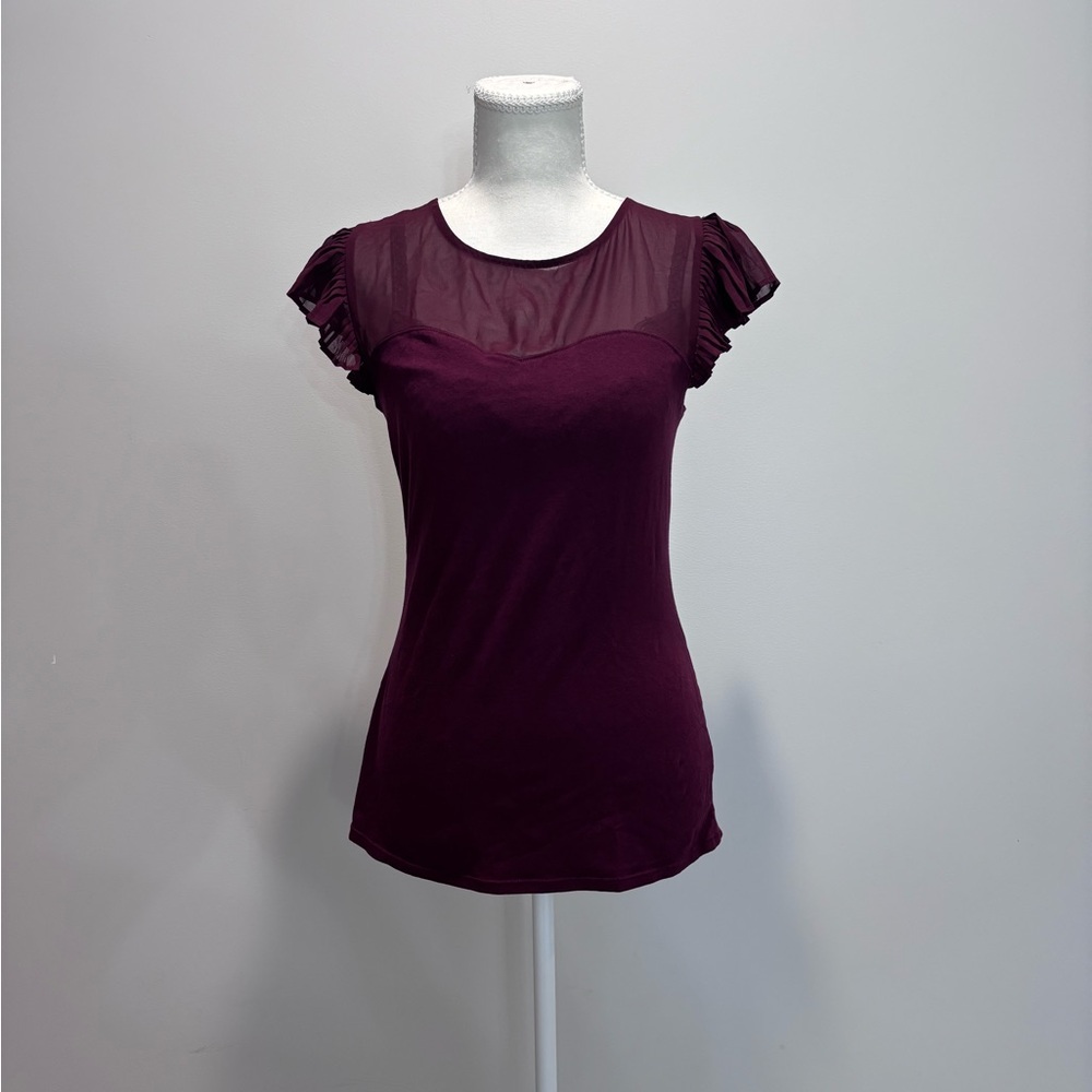 Express Plum Sheer Yoke Ruffle Sleeve Top